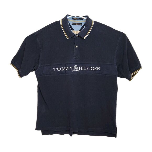VTG Tommy Hilfiger Embroidered Spellout Polo Shirt Men's XXL Blue Short Sleeves - Picture 1 of 7